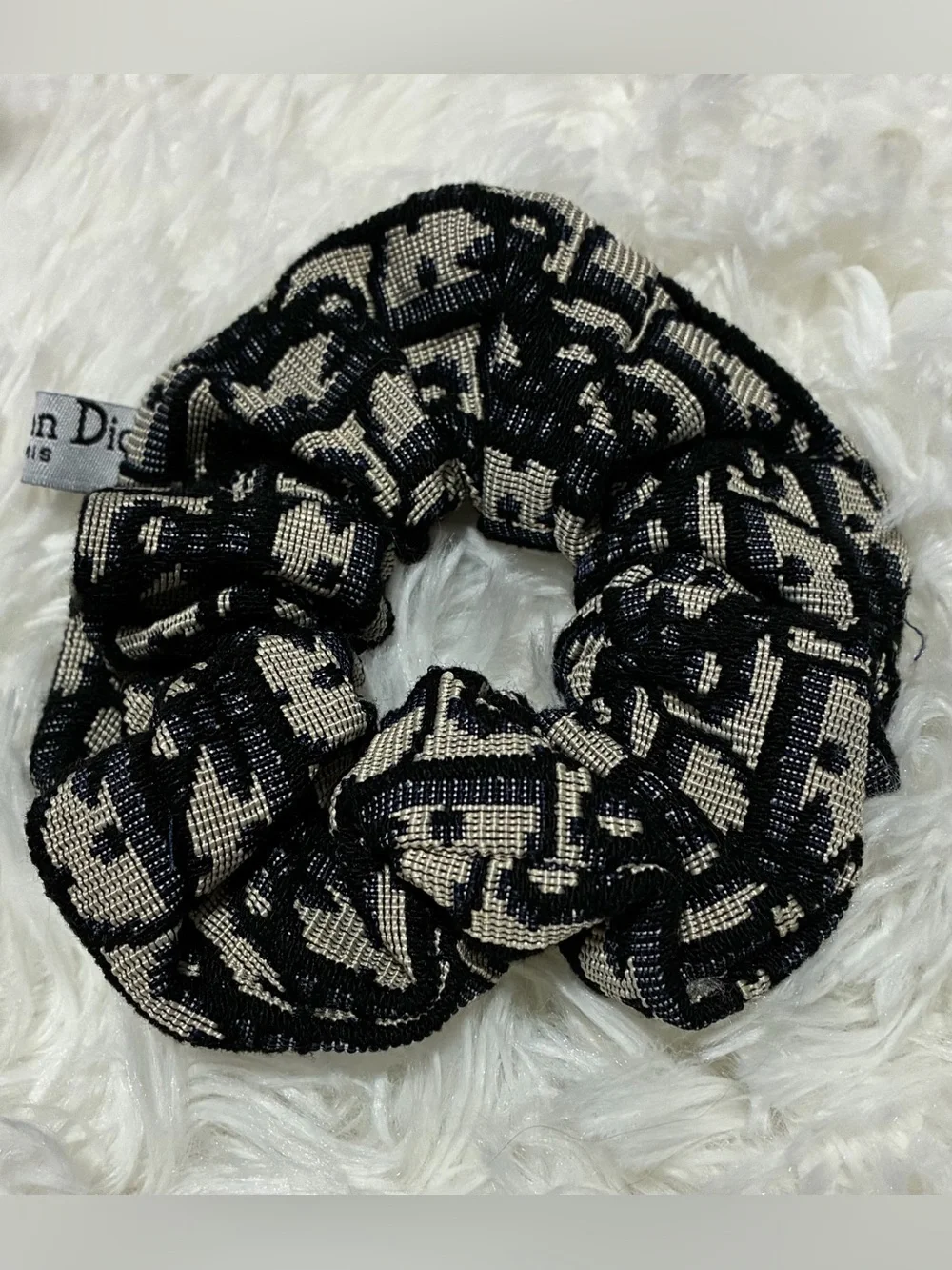 Black and Beige Dior Logo-Pattern Hair Scrunchie